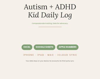 Hoja de cálculo de registro diario para niños con autismo y TDAH / Crisis sensoriales / Logros con la medicación / Defensa escolar / Apple Numbers / Google Sheets / Excel / Sincronización con iCloud