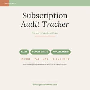 以下が含まれることがあります： 「Subscription Audit Tracker」および「Find what you're paying and forgot」というテキストが記載されたデジタルサブスクリプション監査トラッカーテンプレート。Excel、Google Sheets、Apple Numbers用のボタンと、iPhone、iPad、Mac、iCloud Syncのラベルが含まれています。