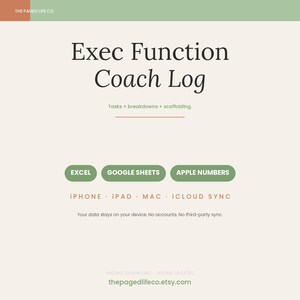 Puede incluir: Una plantilla digital Exec Function Coach Log con el texto Tasks + breakdowns + scaffolding. Incluye etiquetas de compatibilidad para Excel, Google Sheets y Apple Numbers, además de iconos y texto para iPhone, iPad, Mac y iCloud Sync.
