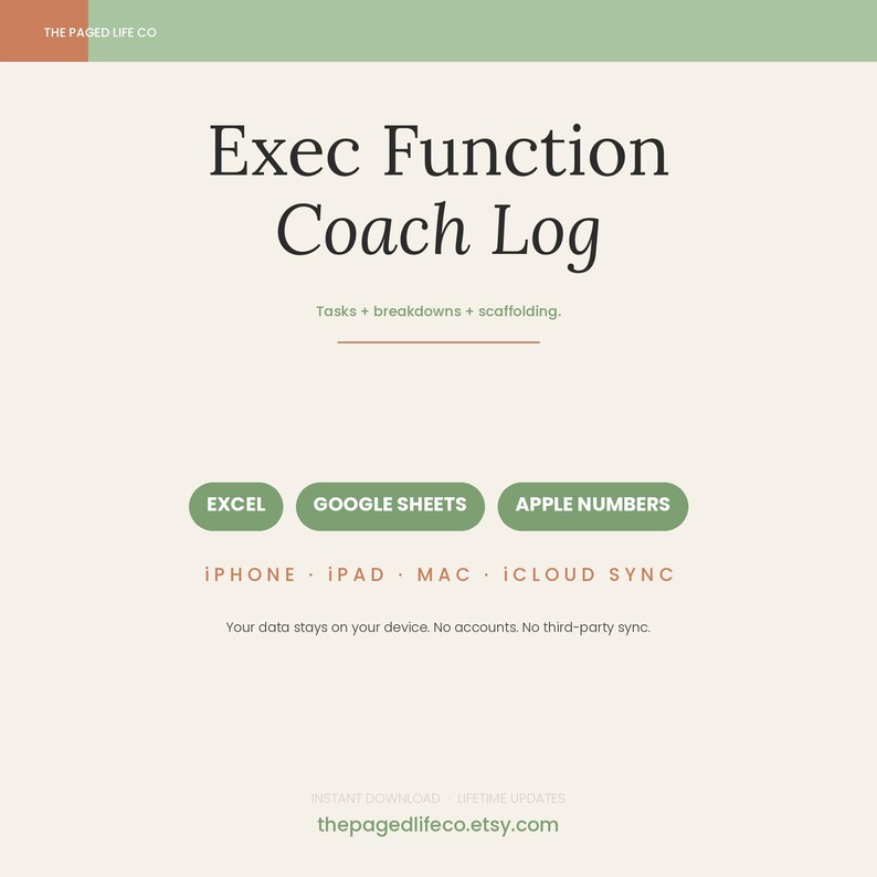 Pu&ograve; includere: Un modello digitale Exec Function Coach Log con il testo Tasks + breakdowns + scaffolding. Include etichette di compatibilit&agrave; per Excel, Google Sheets e Apple Numbers, oltre a icone e testo per iPhone, iPad, Mac e iCloud Sync.