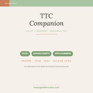 Puede incluir: Un documento de seguimiento digital TTC Companion que muestra el texto TTC Companion, Cycles, Treatment, Emotional Toll, Excel, Google Sheets, Apple Numbers, iPhone, iPad, Mac, iCloud Sync y Your data stays on your device. No accounts. No third-party sync.