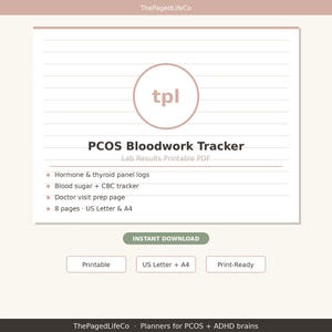 Könnte beinhalten: Ein druckbarer PCOS-Blutuntersuchungs-Tracker mit dem Text "PCOS Bloodwork Tracker" und "Lab Results Printable PDF". Das Design enthält ein kreisförmiges Logo mit den Buchstaben "tpl" und Aufzählungspunkte, die Funktionen auflisten. Das Design befindet sich auf einem hellbeige Hintergrund.