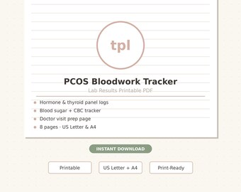 Registro degli esami del sangue per la PCOS in formato PDF stampabile / Registro dei risultati di laboratorio e diario del pannello ormonale / Download immediato