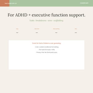 Pu&ograve; includere: Un'interfaccia di dashboard digitale intitolata The Paged Life Co per il supporto alle funzioni esecutive e all'ADHD. Include sezioni per giorni, attivit&agrave; completate, body doubling e vittorie, con un riquadro centrale che evidenzia le funzioni.
