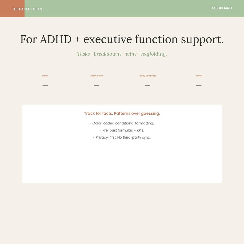 Pu&ograve; includere: Un'interfaccia di dashboard digitale intitolata The Paged Life Co per il supporto alle funzioni esecutive e all'ADHD. Include sezioni per giorni, attivit&agrave; completate, body doubling e vittorie, con un riquadro centrale che evidenzia le funzioni.