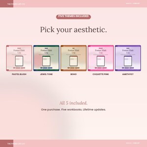May include: A digital Foster Visit Log workbook set featuring five distinct color themes: Pastel Blush, Jewel Tone, Boho, Coquette Pink, and Amethyst. Each theme displays a tablet icon with a log template. Text includes Five Themes Included, Pick your aesthetic, and All 5 included.