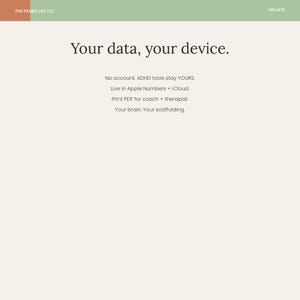 Pu&ograve; includere: Una pagina di documento digitale con sfondo color crema e un'intestazione verde e arancione. Il testo recita: The Paged Life Co, Private, Your data, your device. No account. ADHD tools stay YOURS. Live in Apple Numbers + iCloud. Print PDF for coach + therapist. Your brain. Your scaffolding.