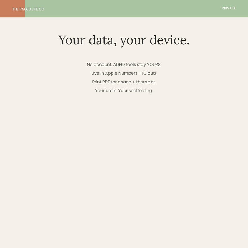 Pu&ograve; includere: Una pagina di documento digitale con sfondo color crema e un'intestazione verde e arancione. Il testo recita: The Paged Life Co, Private, Your data, your device. No account. ADHD tools stay YOURS. Live in Apple Numbers + iCloud. Print PDF for coach + therapist. Your brain. Your scaffolding.