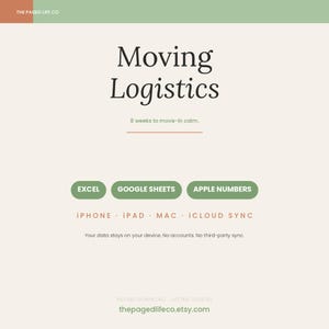 Puede incluir: Un documento de planificación digital titulado Moving Logistics con el subtítulo 8 weeks to move-in calm. Enumera la compatibilidad con Excel, Google Sheets y Apple Numbers, además de iPhone, iPad, Mac e iCloud sync. Los datos permanecen en el dispositivo.