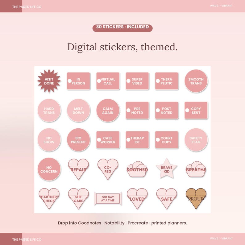 May include: A set of 30 digital stickers in various shapes including circles, rectangles, hearts, and stars. The stickers are pink with white text featuring phrases like Visit Done, In Person, Virtual Call, Supervised, Therapeutic, and Proud.
