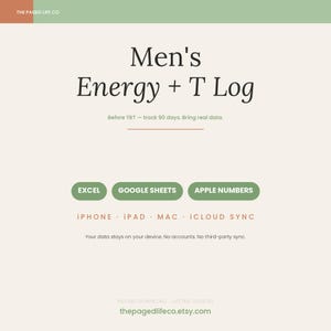 Puede incluir: Un registro de seguimiento digital titulado Men's Energy + T Log con el subtítulo Before TRT - track 90 days. Bring real data. Incluye botones de compatibilidad para Excel, Google Sheets, Apple Numbers, además de iPhone, iPad, Mac e iCloud sync.