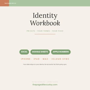 May include: A digital Identity Workbook with a cream background, green and orange accents, and black text. It features compatibility labels for Excel, Google Sheets, and Apple Numbers, plus iPhone, iPad, Mac, and iCloud Sync icons and text.