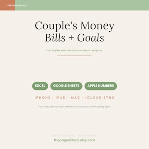 Op de afbeelding: Een digitaal financieel planningssjabloon getiteld Couple's Money Bills + Goals. Het document bevat groene knoppen voor Excel, Google Sheets en Apple Numbers, met tekst die de compatibiliteit voor iPhone, iPad, Mac en iCloud-synchronisatie aangeeft.