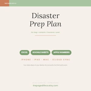 Może przedstawiać: Cyfrowy szablon planu przygotowania na wypadek katastrofy z tekstem 'Disaster Prep Plan' oraz 'Go-bag + contacts + insurance + post.' Wymienia kompatybilność z Excel, Google Sheets, Apple Numbers oraz iPhone, iPad, Mac i iCloud Sync.