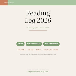 May include: A digital reading log for 2026 titled Reading Log 2026 with subtitles Books + highlights + stats + wishlist. It features green buttons for Excel, Google Sheets, and Apple Numbers, plus text for iPhone, iPad, Mac, and iCloud Sync.