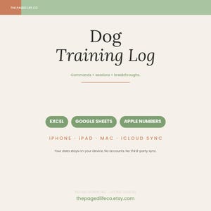May include: A digital Dog Training Log template featuring the text Commands + sessions + breakthroughs. Includes compatibility buttons for Excel, Google Sheets, and Apple Numbers, with support for iPhone, iPad, Mac, and iCloud sync on a cream background.