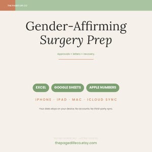 May include: A digital document titled Gender-Affirming Surgery Prep with the subtitle Approvals + letters + recovery. It lists compatibility with Excel, Google Sheets, and Apple Numbers, plus iPhone, iPad, Mac, and iCloud Sync. Text states data stays on your device.