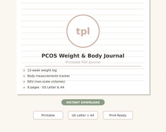 Diario di peso e misurazioni corporee per la PCOS / Monitoraggio dei progressi, registro dell'autostima corporea / Download immediato