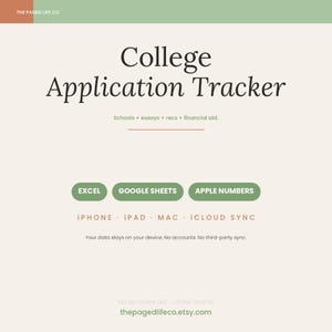 May include: A digital College Application Tracker template featuring dark text on a cream background. It includes sections for schools, essays, recommendations, and financial aid, with compatibility for Excel, Google Sheets, and Apple Numbers.