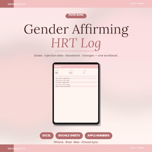 Puede incluir: Un libro de trabajo digital Gender Affirming HRT Log en rosa rubor pastel. La pantalla muestra el seguimiento de dosis, sitios de inyección, análisis de sangre y cambios. El texto incluye "THE PAGED LIFE CO", "WAVE 1 VIBRANT", "PASTEL BLUSH", "EXCEL", "GOOGLE SHEETS", "APPLE NUMBERS", "iPhone", "iPad", "Mac" e "iCloud Sync".
