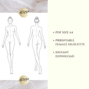 Pode incluir: Desenho a tra&ccedil;o preto e branco de duas silhuetas femininas. Uma figura est&aacute; virada para a frente, a outra para tr&aacute;s. Texto &agrave; direita: PDF tamanho A4, Silhueta feminina imprim&iacute;vel e Download instant&acirc;neo. Fundo branco sujo.