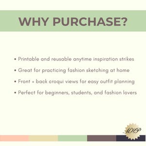 Pode incluir: Fundo verde claro com o texto "WHY PURCHASE?" em fonte verde escuro. Marcadores listam recursos: imprim&iacute;vel e reutiliz&aacute;vel, &oacute;timo para esbo&ccedil;ar, vistas de croquis frontal e traseira e para iniciantes. Um logotipo est&aacute; no canto inferior direito.