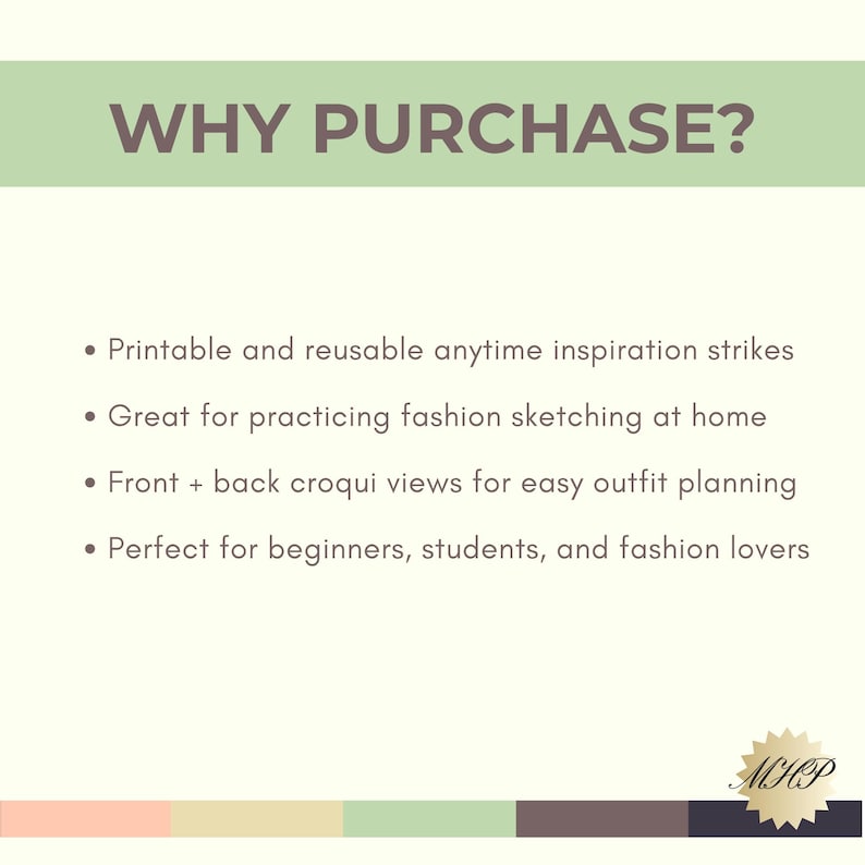 Pode incluir: Fundo verde claro com o texto "WHY PURCHASE?" em fonte verde escuro. Marcadores listam recursos: imprim&iacute;vel e reutiliz&aacute;vel, &oacute;timo para esbo&ccedil;ar, vistas de croquis frontal e traseira e para iniciantes. Um logotipo est&aacute; no canto inferior direito.