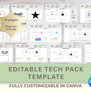 May include: A 14-page editable tech pack template for apparel design, featuring technical sketches of a t-shirt with a star graphic, measurement charts, label placement guides, and construction details, all presented in a beginner-friendly layout.