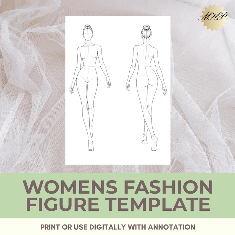 Pode incluir: Um papel branco com dois modelos de figuras de moda, vistas frontal e posterior. O texto "WOMENS FASHION FIGURE TEMPLATE" est&aacute; impresso em letras grandes e em negrito em uma faixa verde. O texto "PRINT OR USE DIGITALLY WITH ANNOTATION" est&aacute; impresso abaixo.