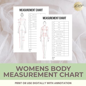 May include: A white measurement chart featuring two black and white line drawings of a human figure, one showing a front view and one showing a back view, with red lines indicating body measurement points and corresponding lettered data tables.