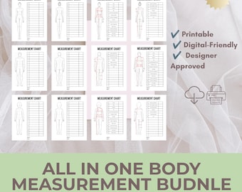 Printable Body Measurement Chart Bundle | Men, Women & Youth Fashion Measurement Templates | PDF