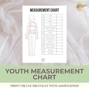 May include: A white measurement chart for youth featuring a black line drawing of a human figure with red measurement lines labeled A through P. A table lists corresponding body parts including chest, waist, and hip. Text includes MHP, Name, Date.