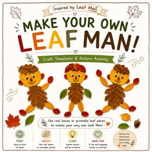 以下が含まれることがあります： MAKE YOUR OWN LEAF MAN!というタイトルのクラフトアクティビティシート。秋の葉、動く目、小枝で作られた3つのフィギュアが描かれています。印刷、作成、学習、そして本物の葉や印刷可能な葉のパーツを使って楽しむための手順が含まれています。