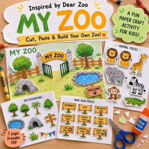 Manualidad de zoológico para imprimir / Crea tu propio zoológico / Actividad de recortar y pegar