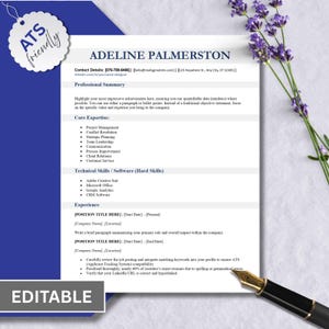 May include: A resume template titled Adeline Palmerston with sections for professional summary, core expertise, technical skills, and experience. The document features a blue sidebar, a white tag labeled ATS friendly, and a black fountain pen.