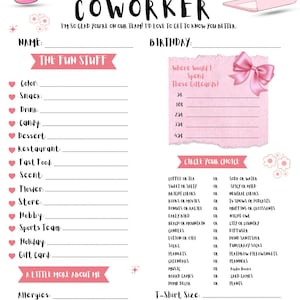 Puede incluir: Un cuestionario imprimible blanco titulado All About My Coworker con detalles en rosa, que incluye secciones para preferencias personales, una lista de deseos de tarjetas de regalo y una actividad de selección. Incluye ilustraciones de una taza, laptop y suculentas.