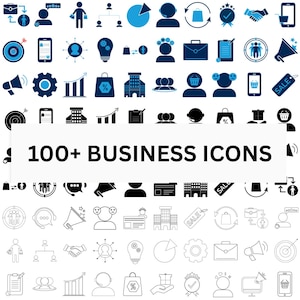 May include: A collection of over 100 business icons displayed in a grid format, featuring various designs including targets, briefcases, shopping bags, and communication symbols in blue, black, and white, with the text 100+ BUSINESS ICONS.