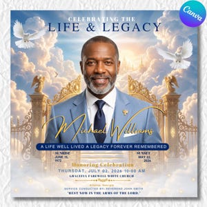 May include: A memorial program featuring a portrait of a man in a light blue suit and dark tie. The background shows golden gates, white clouds, and flying doves. Text includes: CELEBRATING THE LIFE & LEGACY, Michael Williams, SUNRISE JUNE 15, 1972, SUNSET MAY 22, 2026.