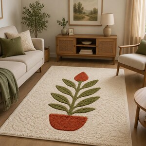 Tufted Flower Pot Rug, Handmade Botanical Rug, Floral Area Rug, Modern Plant Rug, Boho Nursery Rug, Cozy Bedroom Decor, Home Decor