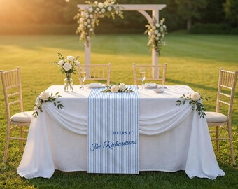 Custom Striped Personalized Table Runner, Cheers To Family Name Wedding Bar Decor, Bridal Shower Anniversary Head Table Fabric Overlay