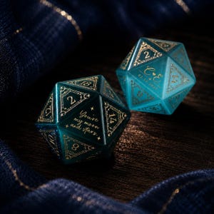 May include: Two twenty-sided dice with a translucent teal finish and gold-colored ink. One die features the text "You're my moon and stars." The other die displays the initials "C & E" with the date "02.14.2027" and intricate geometric patterns.