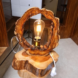 May include: A table lamp featuring a circular, natural-edged wood slice frame with a visible bark texture. A brass-colored socket holds a clear, vintage-style Edison bulb with a visible filament. The lamp rests on a thick, stacked wood base.