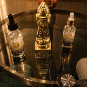 May include: Two clear glass dropper bottles with black and white caps, each containing a liquid with gold-colored flecks and a label reading Aurum Solstice, positioned beside a central gold-colored decorative object with an intricate relief design.
