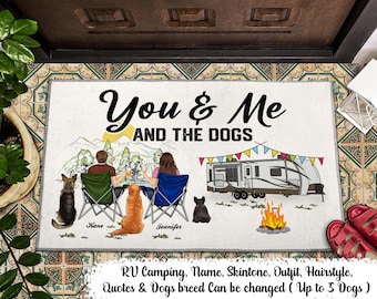 Home Is Where We Park It You And Me And The Dogs Personalized Doormat, Gift For Camping Lovers, Gift For Dog Lovers, Camping Couple Sitting