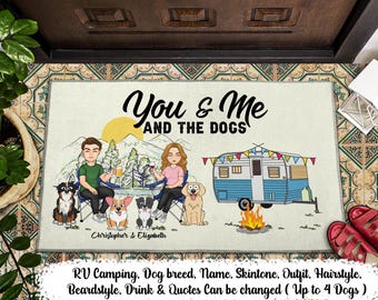 You And Me And The Dog Home Is Where Cartoon - Gift For Camping Lovers, Dog Couples - Personalized Doormat, Custom RV Camper Welcome Mat