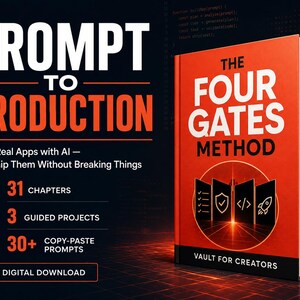 May include: A book titled The Four Gates Method with a bright orange cover and black spine. The text reads Prompt to Production, Build Real Apps with AI, 31 Chapters, 3 Guided Projects, 30+ Copy-Paste Prompts, and Digital Download. Vault for Creators.