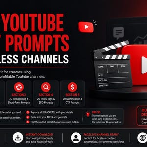 May include: A promotional graphic for YouTube content creators. The image features a red YouTube play button, a film clapperboard, and a microphone. Text on the graphic reads "100 YouTube Script Prompts for Faceless Channels."