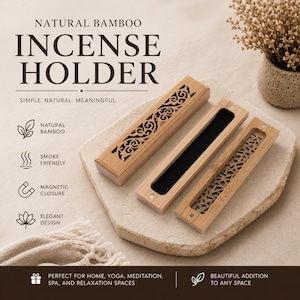 May include: Three rectangular natural bamboo incense holders with laser-cut patterns. One holder is closed with a decorative cutout, while two are open, revealing black interiors and small magnetic closures at the ends. Text reads NATURAL BAMBOO INCENSE HOLDER.