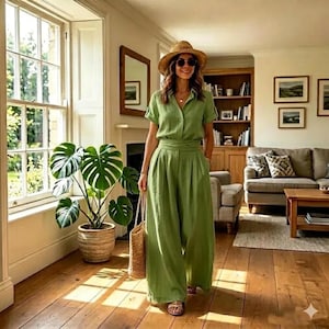 Completo due pezzi in lino fatto a mano: top a maniche corte con colletto e pantaloni a gamba larga - Completo estivo casual e ampio per donna