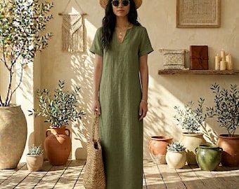 Abito lungo maxi in cotone e lino fatto a mano: scollo a V, vestibilità ampia, linea ad A oversize.